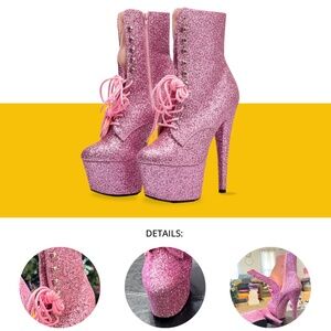 Sparkle & Shine: 8 Inch Pleaser Baby Pink Glitter Adore-1020GWR Lace Up Boots